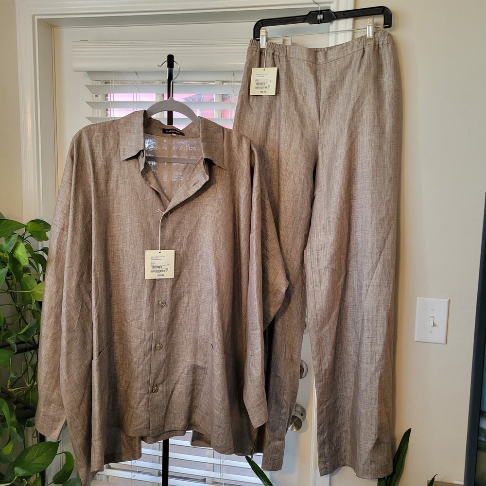 Eskandar 100% Linen Twill 2 Piece Set Shirt Wide Leg Pants Brown New Sz 2